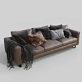 Brown Leather Three-Seater Sofa With Various Patterned Throw Pillows And Knitted Blanket Draped Over Armrest 3d model