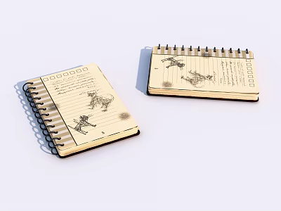 Spiral Bound Notebooks With Hand Drawn Illustrations And Cream Colored Pages 3d model