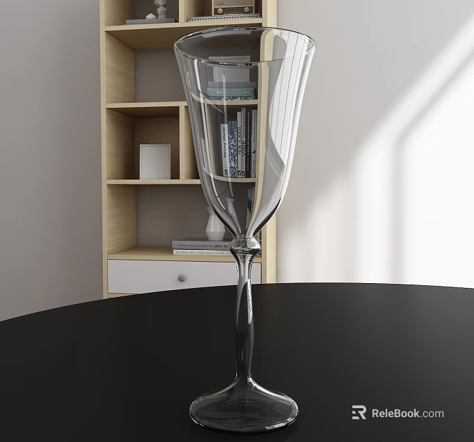 Elegant Wine Glass On Black Table With Wooden Bookshelf And Light Shadow Effects 3d model 