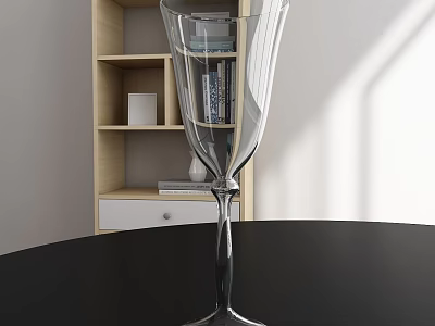Elegant Wine Glass On Black Table With Wooden Bookshelf And Light Shadow Effects 3d model