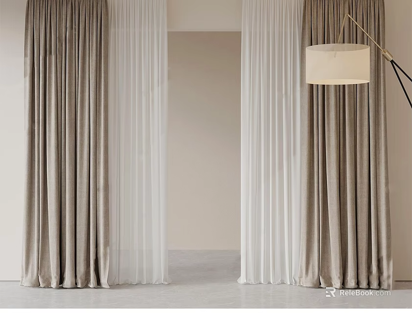 Beige Curtains With White Sheer Panels In Modern Interior Design Space 3d model 