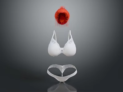 Woman Wearing Stylish White Bra Transparent Panties With Red Fluffy Accessory 3d model
