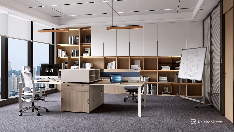 Modern Office Interior Design with Desks Computers Bookshelves Whiteboard and Hanging Lights 3d model 
