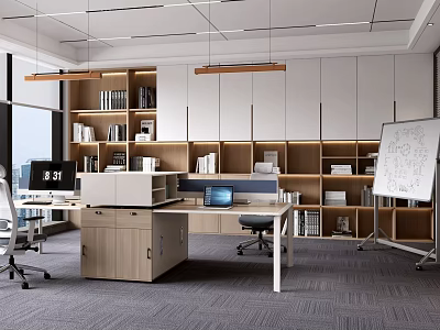 Modern Office Interior Design with Desks Computers Bookshelves Whiteboard and Hanging Lights 3d model