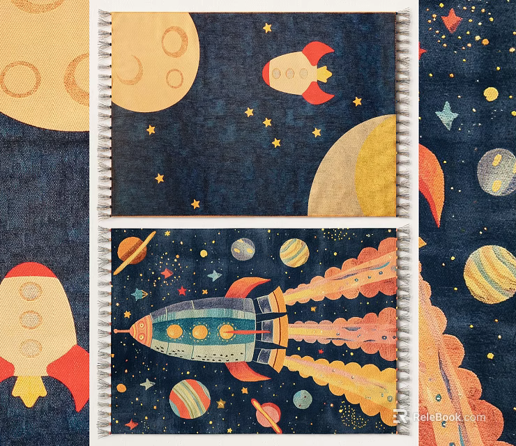Space Themed Square Carpet With Rockets Planets Moons Stars 3d model 