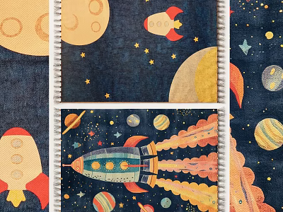 Space Themed Square Carpet With Rockets Planets Moons Stars 3d model