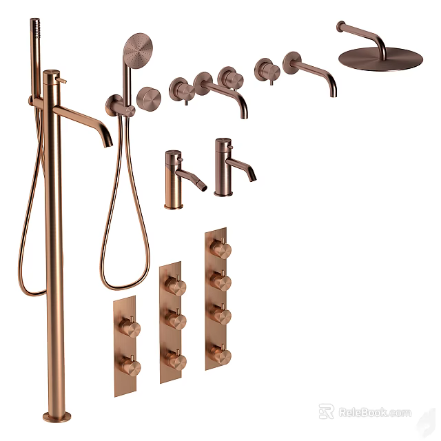 Modern Copper Shower System with Handheld Sprayer Fixed Head and Control Valves 3d model