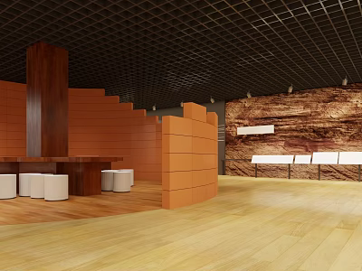 Modern Spacious Cultural Center Interior With Wooden Floor Orange Walls And Exhibition Area 3d model