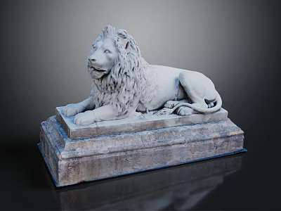 Artistic Lion Sculpture Carving In White Marble With Detailed Mane And Stone Base 3d model