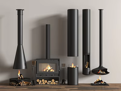 Black Metal Fireplace Collection With Various Modern Designs And Firewood Tools 3d model