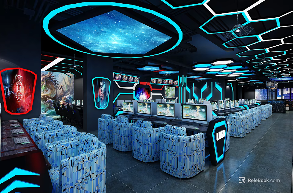 Modern Internet Cafe Interior Design With Gaming Computers LED Lighting And Comfortable Seating 3d model