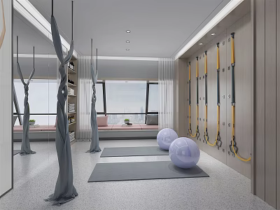Bright Indoor Fitness Studio With Yoga Hammocks Exercise Balls Resistance Bands Yoga Mats And Windows 3d model