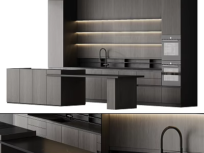 Modern Dark Kitchen Interior With Island Counter Sink And Built In Appliances 3d model