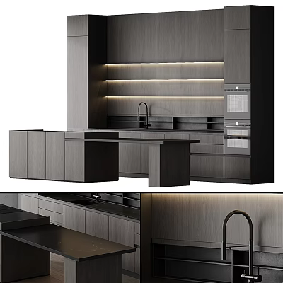 Modern Dark Kitchen Interior With Island Counter Sink And Built In Appliances 3d model