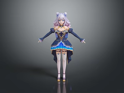 Child 3D Character With Purple Hair And Elegant Blue Gold Outfit Design 3d model