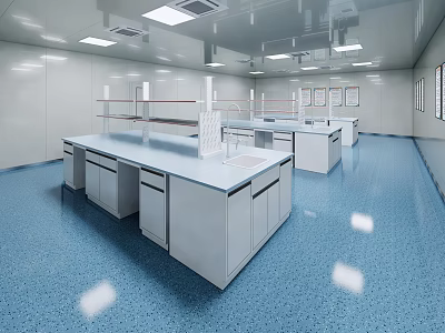 Modern Clean Laboratory Interior With Multiple Workbenches Cabinets And Blue Epoxy Floor 3d model