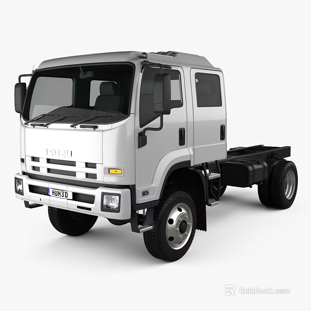 Isuzu White Crew Cab Truck With Flatbed Chassis And Modern Design 3d model 