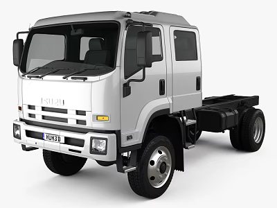Isuzu White Crew Cab Truck With Flatbed Chassis And Modern Design 3d model