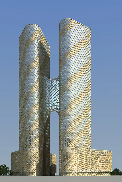 Modern Office Building With Golden Glass Facade And Geometric Patterned Twin Towers 3d model 