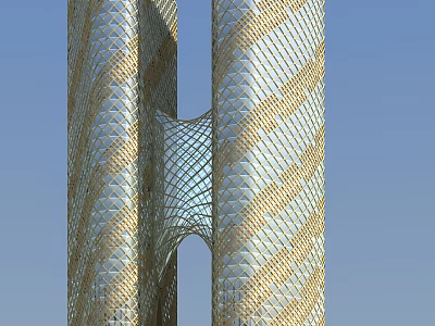 Modern Office Building With Golden Glass Facade And Geometric Patterned Twin Towers 3d model