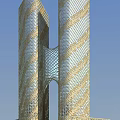 Modern Office Building With Golden Glass Facade And Geometric Patterned Twin Towers