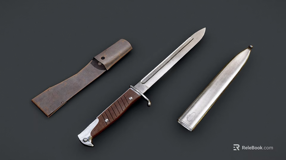 Classic Hunting Knife With Wooden Handle Metal Blade Brown Leather Sheath And Silver Fitting 3d model 