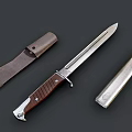 Classic Hunting Knife With Wooden Handle Metal Blade Brown Leather Sheath And Silver Fitting