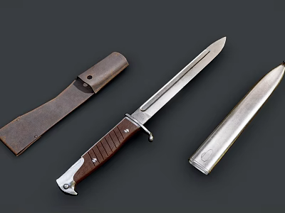Classic Hunting Knife With Wooden Handle Metal Blade Brown Leather Sheath And Silver Fitting 3d model