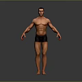 Muscular Male Character 3D Render Standing in Black Shorts with Arms Extended