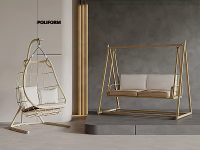 Stylish Wicker And Wooden Frame Swing Chairs With Soft Cushions Modern Indoor Design 3d model