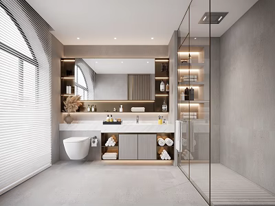 Modern Bathroom Interior Design With Vanity Mirror Cabinets And Glass Shower Enclosure 3d model