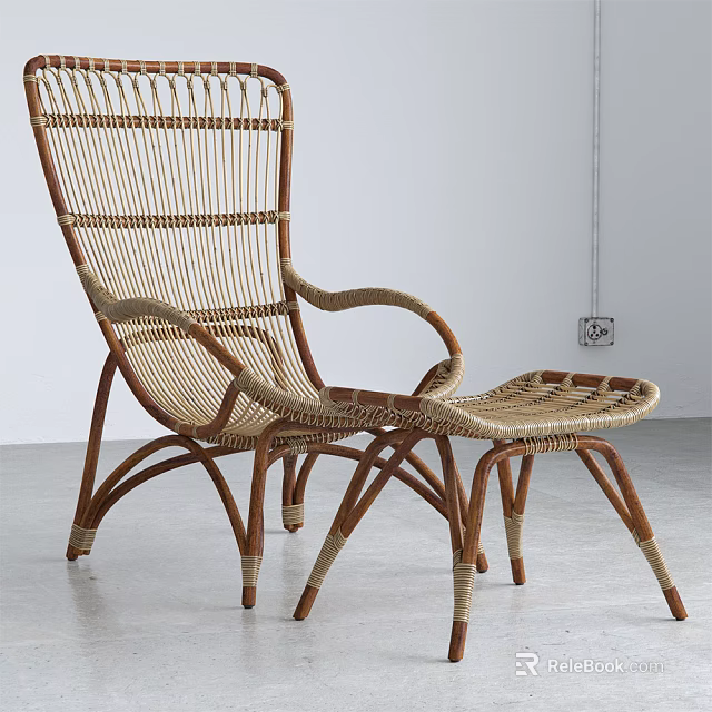 Natural Rattan Outdoor Chair With Woven Design Wooden Frame And Matching Footstool 3d model 