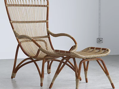 Natural Rattan Outdoor Chair With Woven Design Wooden Frame And Matching Footstool 3d model
