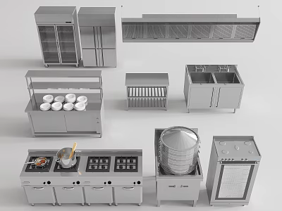 Stainless Steel Kitchenware Collection With Refrigerator Cabinets Range Hood Sink Stove And Steamer 3d model