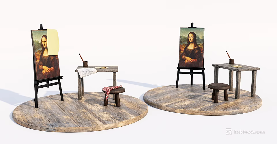 Art Supplies Setup With Easels Mona Lisa Paintings Tables Brushes And Stools On Wooden Platforms 3d model 