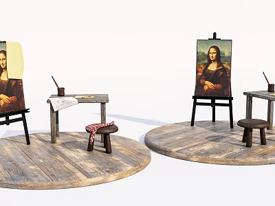 Art Supplies Setup With Easels Mona Lisa Paintings Tables Brushes And Stools On Wooden Platforms 3d model