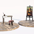 Art Supplies Setup With Easels Mona Lisa Paintings Tables Brushes And Stools On Wooden Platforms