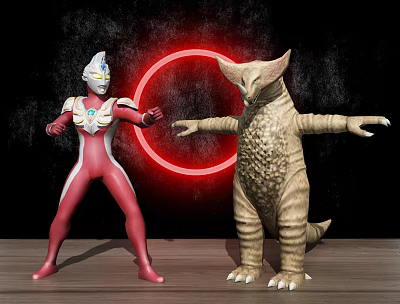 Ultraman and Scaly Monster Standing with Red Circular Neon Light on Dark Wooden Floor 3d model