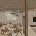 Hotel Public Lounge Area With Wooden Ceiling Hanging Lights Comfortable Sofas And Fire Pit 3d model