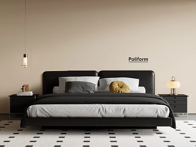 Stylish Black Double Bed with Headboard Pillows Nightstands Table Lamps and Poliform Rug 3d model