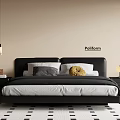 Stylish Black Double Bed with Headboard Pillows Nightstands Table Lamps and Poliform Rug