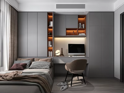 Modern Tatami Bedroom Interior Design With Tatami Bed Gray Cabinets Desk Chair And Open Shelves 3d model