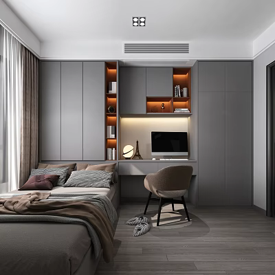 Modern Tatami Bedroom Interior Design With Tatami Bed Gray Cabinets Desk Chair And Open Shelves 3d model