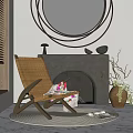 Modern Rattan Accent Chair In Living Room With Fireplace Circular Ring Mirror And Potted Plant
