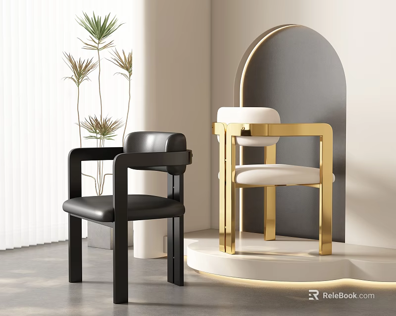 Black Leather And Gold Frame Leisure Chairs In Modern Interior With Plants And Arch Design 3d model 