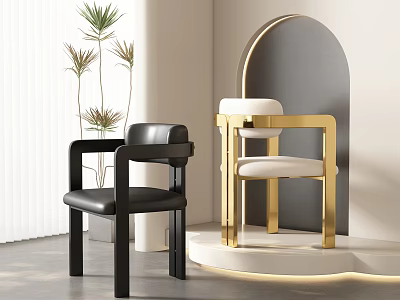 Black Leather And Gold Frame Leisure Chairs In Modern Interior With Plants And Arch Design 3d model