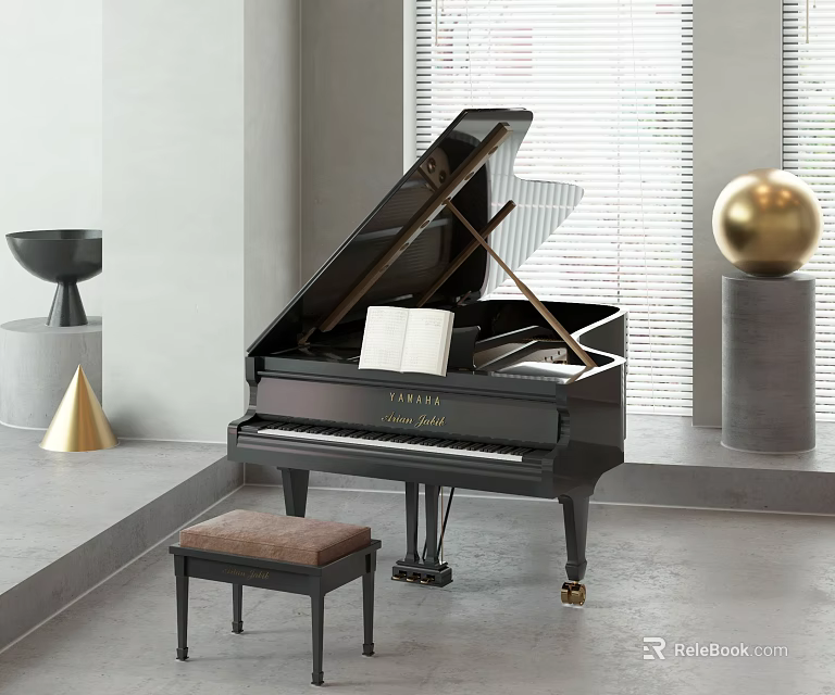 Stylish Black Grand Piano In Modern Interior With Cushioned Bench Decorative Sphere And Window Blinds 3d model 