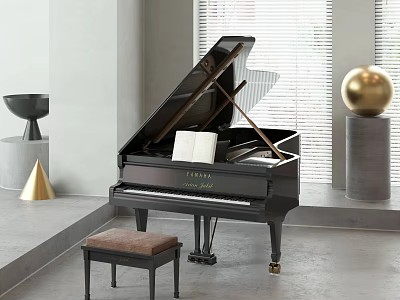 Stylish Black Grand Piano In Modern Interior With Cushioned Bench Decorative Sphere And Window Blinds 3d model
