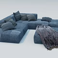 Gray Fabric Sectional Sofa Set With Modular Design Multiple Cushions And Throw Blanket 3d model