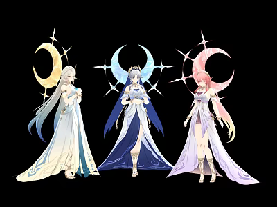 Three Women in Colorful Long Dresses with Moon and Star Decorations Standing Together 3d model